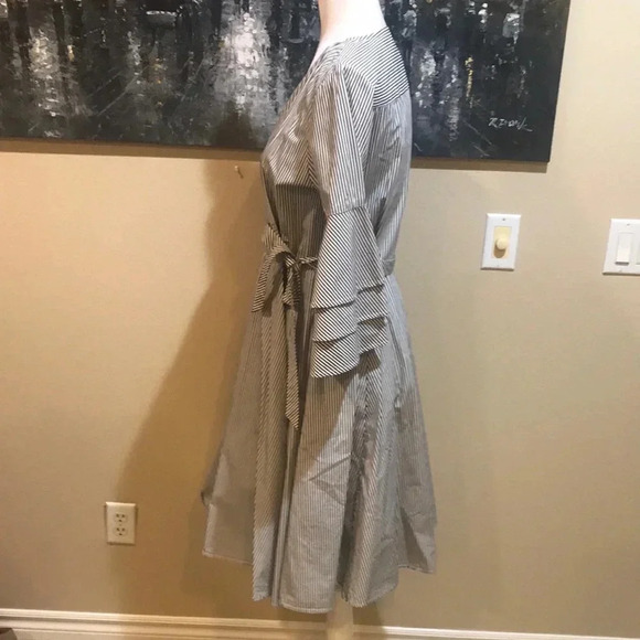 Calvin Klein Striped Wrap Midi Dress with Layered Bell Sleeves-Size 4 - Picture 3 of 11
